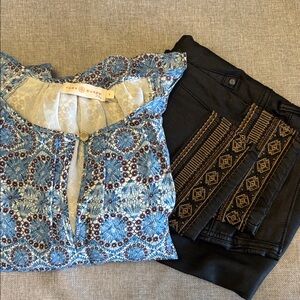 Great outfit!  Tory Burch top and CREAM  coated, embroidered jeans.